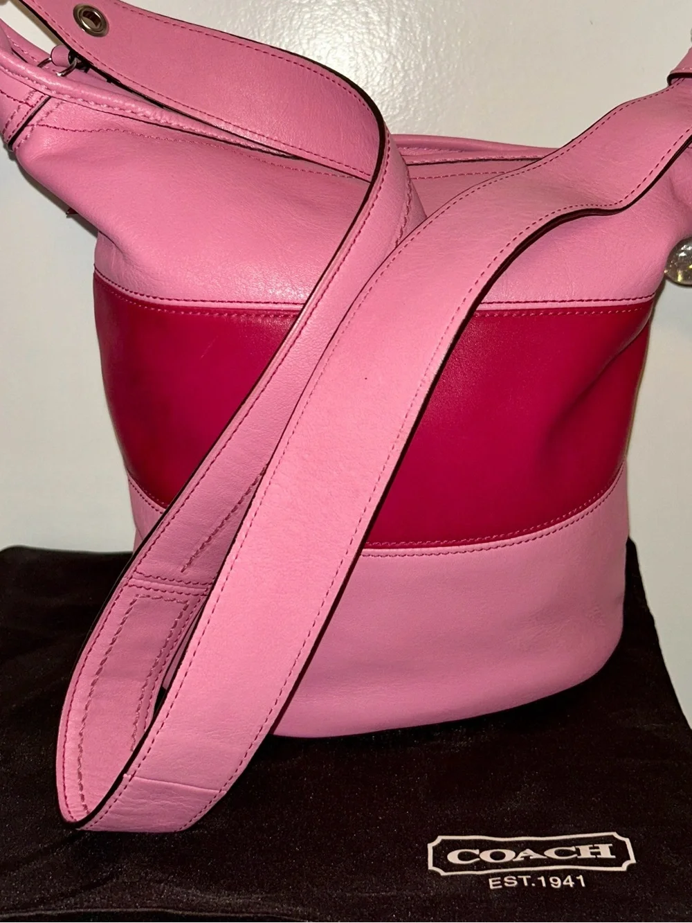 COACH Alternating Pink Leather Rugby Stripes Bleeker duffle crossbody. RARE!